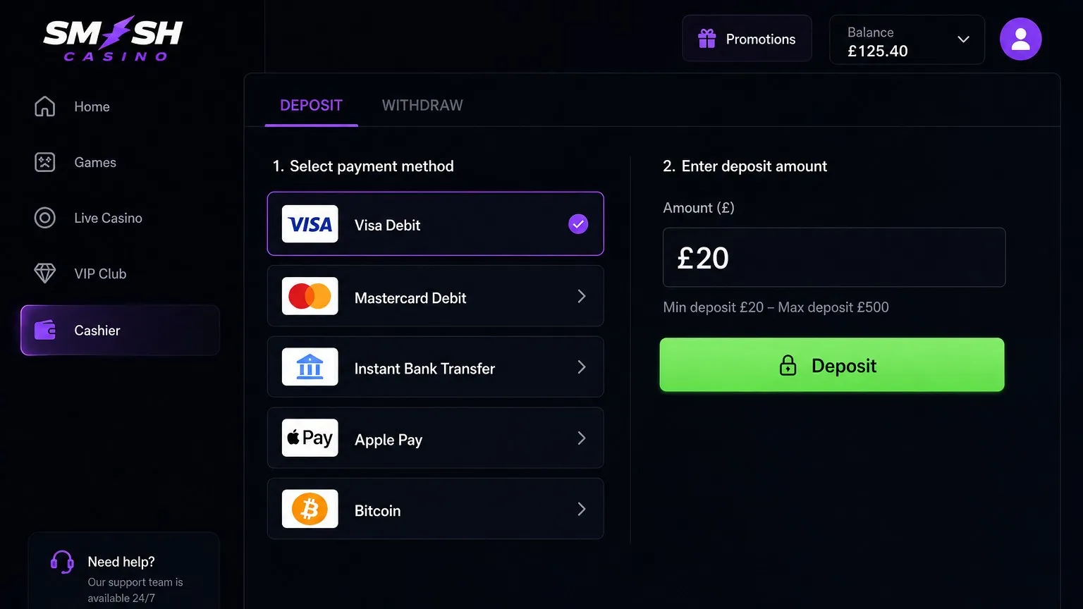 Supported payment methods: deposits and withdrawals at Smash Casino