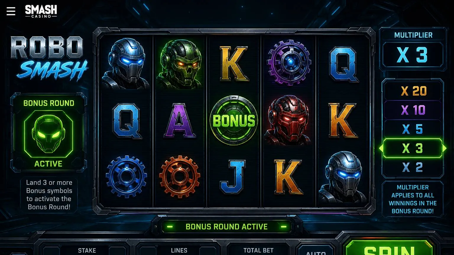 Robo Smash gameplay and bonus rounds in Smash slots
